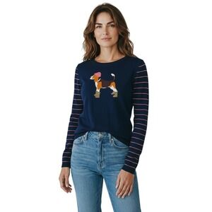 TALBOTS Beagle Dog Sweater Womens M Blue Striped Preppy Twee Indie Novelty